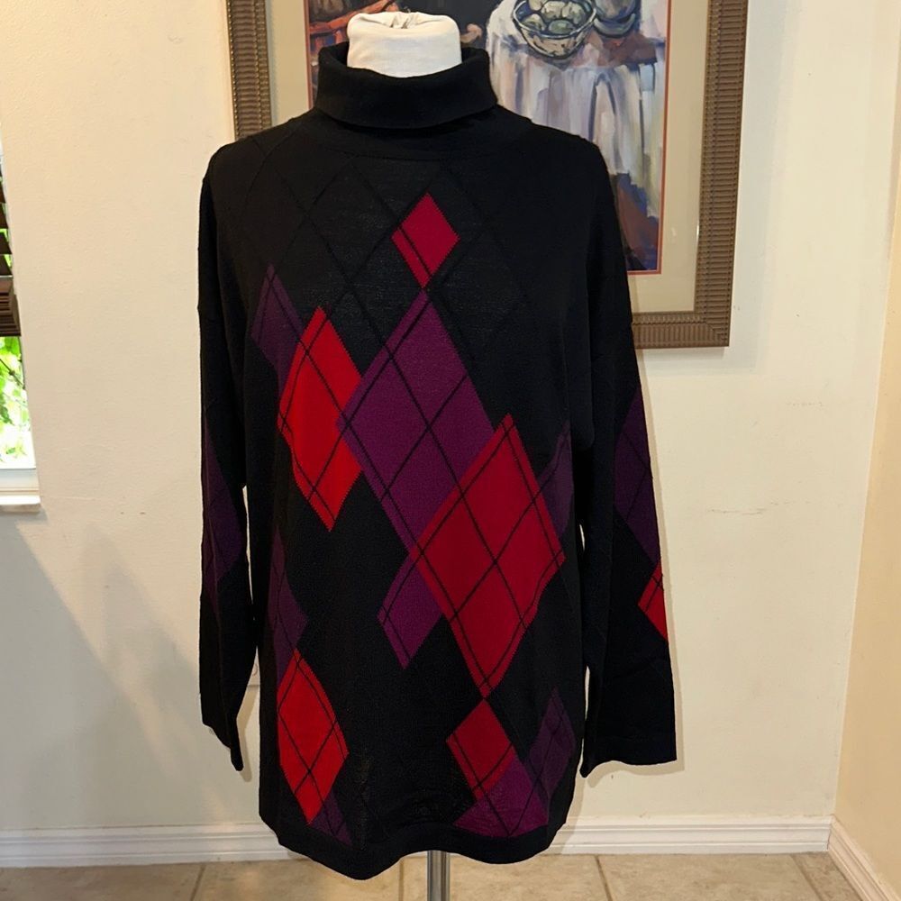 GISPA Black/Red/Purple Argyle Turtleneck Sweater Size 14